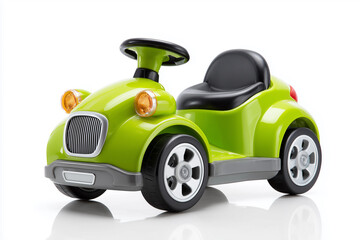 Obraz premium Children's electric toy car with a safe round design and a modern mini car look on a white background.