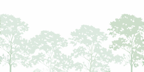 A serene landscape featuring silhouettes of lush green trees against a white backdrop