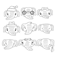 Set of black white isolated elephants. Cute line animals on white background for educational or coloring books