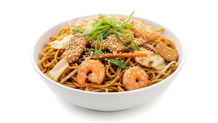 Delicious bowl of shrimp and chicken lo mein noodles