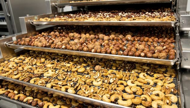 Mixed nuts including cashews walnuts and hazelnuts arranged on cooling trays demonstrating diversity in nut roasting and efficient handling on an automated conveyor system.