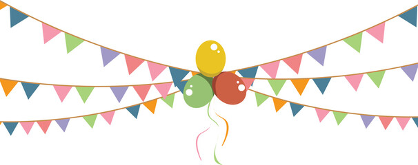 Birthday party decoration. Colorful party bunting flags with balloons for celebration