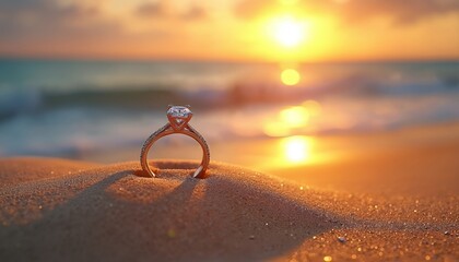 Diamond engagement ring sits in sand at ocean beach during golden hour sunset. Waves reflect sun, offering symbol of love, proposal, and marriage. Precious jewelry gleams.