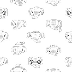 Black white line outline seamless pattern of a set of elephants. Isolated cute animals on white background can be used for coloring book or fabric, apparel