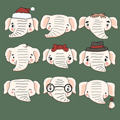 Set of cute white line cartoon elephants on a green background with bows, flower, hats, glasses like a doctor or scientist. Vector illustration for kids books