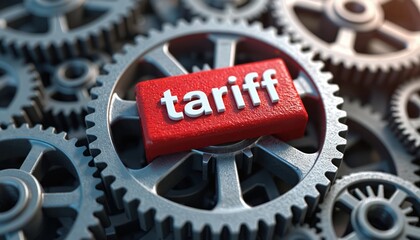 Metallic gears interlock around a red block labeled tariff. Concept illustrates global trade friction, economic controls, and manufacturing system mechanics.