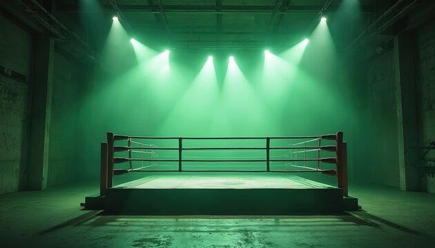 Empty boxing ring awaits fighters under intense spotlights. Dramatic green lighting creates an atmosphere of intense competition and anticipation for a championship bout. - Powered by Adobe