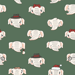 Seamless pattern of vector cute light pink or white elephants heads. Isolated hand drawn illustrations repeatable print for wallpapers, fabric, apparel, clothes on green background