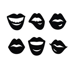 Fototapeta premium Print Black and White Lips and Mouth Vector Set – 6 Different Mouth Expressions, Isolated, High-Contrast Monochrome, Smooth Vector Paths, Retro Halftone Stock Illustration