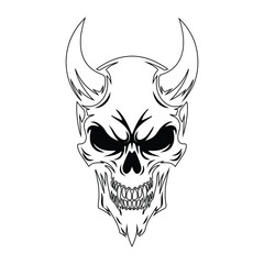 Obraz premium Fierce devil skull with sharp teeth and horns on white background, perfect for designs needing an edgy, bold statement
