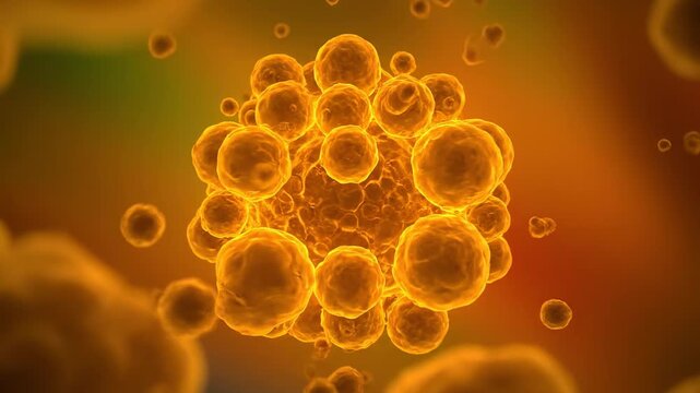 Abstract orange bubble background with microscopic cells and glowing bacteria patterns creating a bright medical science wallpaper design