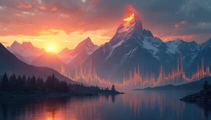 Financial market graph visualized over mountain landscape at sunrise. Stock price chart overlays vast peaks reflected in calm water. Orange sun rays beam over abstract trading data.