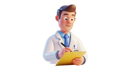Cartoon Doctor Writing on Clipboard, Medical Professional Illustration