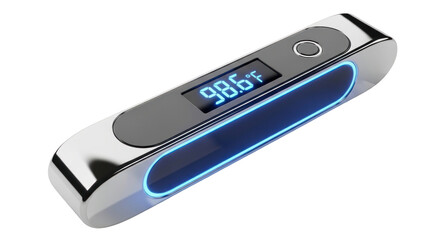 Modern Digital Thermometer with Blue LED Light and 98.6&deg;F Reading on White Background