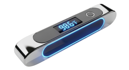 Modern Digital Thermometer with Blue LED Light and 98.6°F Reading on White Background