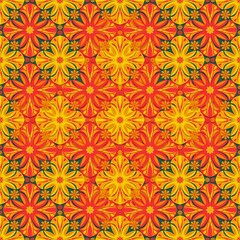 Fototapeta premium seamless pattern with flowers,red, orange, yellow curves ,painted create to flower shape,leaves,stars,green background in geometric patterns as sarong,fabric,tile,printed fabric,batik,tablecloth 