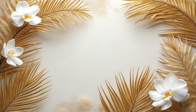 Golden palm leaves and white orchids create elegant tropical frame. Natural botanical composition for luxury decor or event design. Minimalistic floral arrangement perfect for invitations or banners. - Powered by Adobe