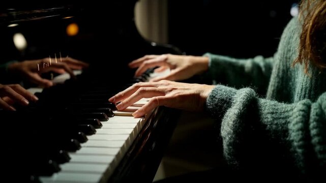 Pianist&rsquo;s hands playing an elegant melody on a concert grand, intimate lighting and soft bokeh capturing practice, artistry, and the quiet devotion behind music mastery