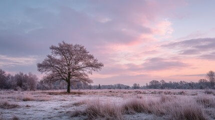 Lone frost covered tree in pink and purple dawn sky over icy field winter