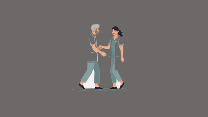 Nurse Assisting Elderly Patient Walking &ndash; Healthcare Vector Illustration