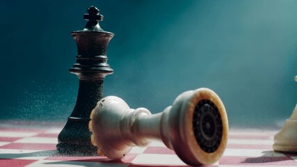 Chess king toppling a fallen rival on misty board, cinematic metaphor for strategy, outcome and decisive leadership in a tense intellectual duel