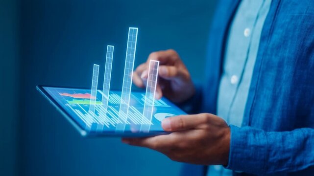 Closeup of a professional using a tablet with sleek analytics UI, cool blue palette and crisp gestures highlighting cutting‑edge mobile dashboards, fintech clarity, and real‑time decisions