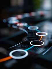 Abstract Digital Timeline with Glowing Circles and Colored Lines on Dark Background Representing Project Roadmap and Process Flow Concept