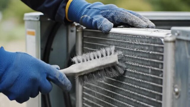 Skilled technician's hands in blue gloves meticulously cleaning the dirty condenser coils of an outdoor air conditioning unit with a wire brush, performing essential HVAC maintance