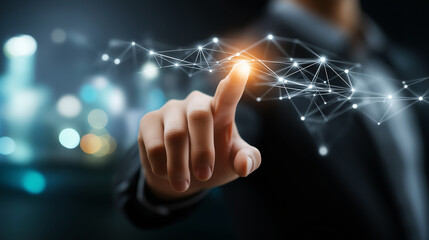 Hand touching digital interface faceless, network connection, futuristic technology, innovation communication, business modern concept, defocused background, with copy space
