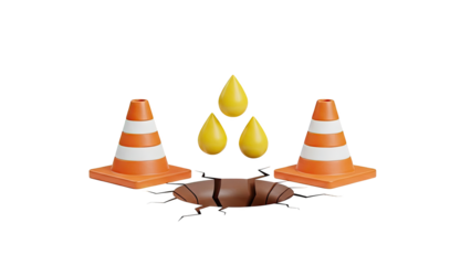 Construction cones and dripping liquid over a cracked ground on transparent background
