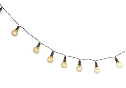 hyperrealistic studio shot of warm amber g40 led string lights suspended in an elegant symmetrical swag on an immaculate transparent background with copy space, concept for elegant holiday or product