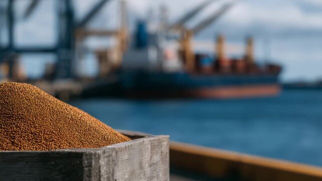 130Boxes of grains resting on a harbor platform, macro detail of grain surfaces, industrial maritime backdrop with cargo ship silhouette, global food supply chain imagery