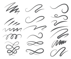 Obraz premium Baseball swoosh and swash tails. Set of sports swash shape, text underlines for baseball design. Hand drawn font elements in retro style for athletics, baseball. Swirl stroke swish underline shape