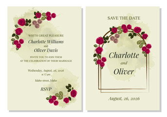 Wedding invitation card template design with watercolor flowers roses. © ELENA_roses