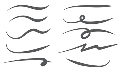 Swooshes text tails for baseball design. Sports swash underline shapes set in retro style. Swish typography font elements for athletics, baseball, football decoration. Black swirl vector line © ISHWARAN