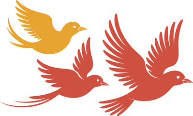 Obraz premium Stylized birds flying in formation, red and yellow silhouettes with detailed wings, vector illustration for nature, freedom, wildlife, and decorative themes