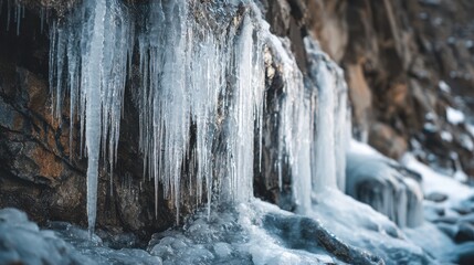 Icicles hanging from a rocky cliff face in winter with frozen water cold