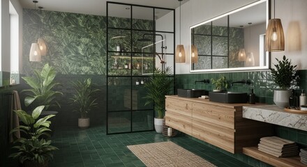 Modern bathroom with tropical greenery and natural wood vanity.