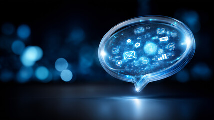 Blue chat bubble with multiple app icons, social media logos and chart floating around, dark background, digital communication visualization, defocused elements, with copy space