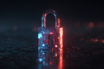 Stylized Padlock Illuminated with Red and Blue Light on a Dark Textured Surface with Bokeh Background