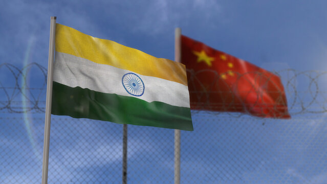 China and India waving flags with barbed wire border