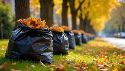 Black rubbish bags filled with autumn leaves line grassy park pathway. Seasonal yard cleanup on a sunny fall day. Municipal workers collect fallen foliage from street.