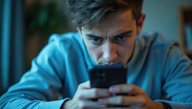 Young man looks intently at his phone screen. His brow is furrowed with concentration and perhaps stress. He holds the device with a tight grip.