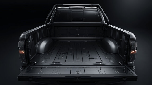The back of a black truck with a black bed
