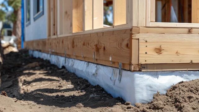 141Close-up of house foundation and timber frame, nails, brackets, and joists visible, warm sunlight casting intricate shadows, ideal for building design projects