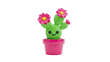 Cute Kawaii Cactus with Pink Flowers in a Pot on transparent background