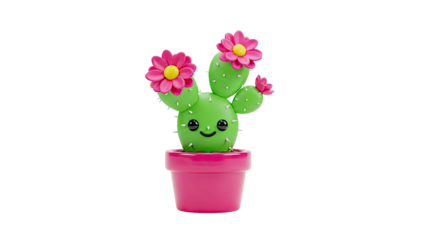 Cute Kawaii Cactus with Pink Flowers in a Pot on transparent background