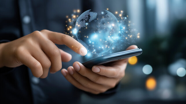 Hand using smartphone faceless, digital technology data communication network, telecommunication concept, mobile connectivity, defocused background, with copy space - Powered by Adobe