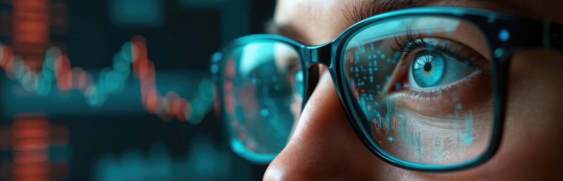 Close up of person wearing glasses with stock market charts reflected in lenses. Digital data analysis, financial trading, business intelligence insight. - Powered by Adobe