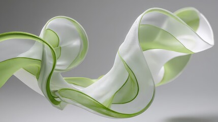Abstract Flowing Ribbon Shape with Green Edges and White Interior in Soft Lighting on Gray Background